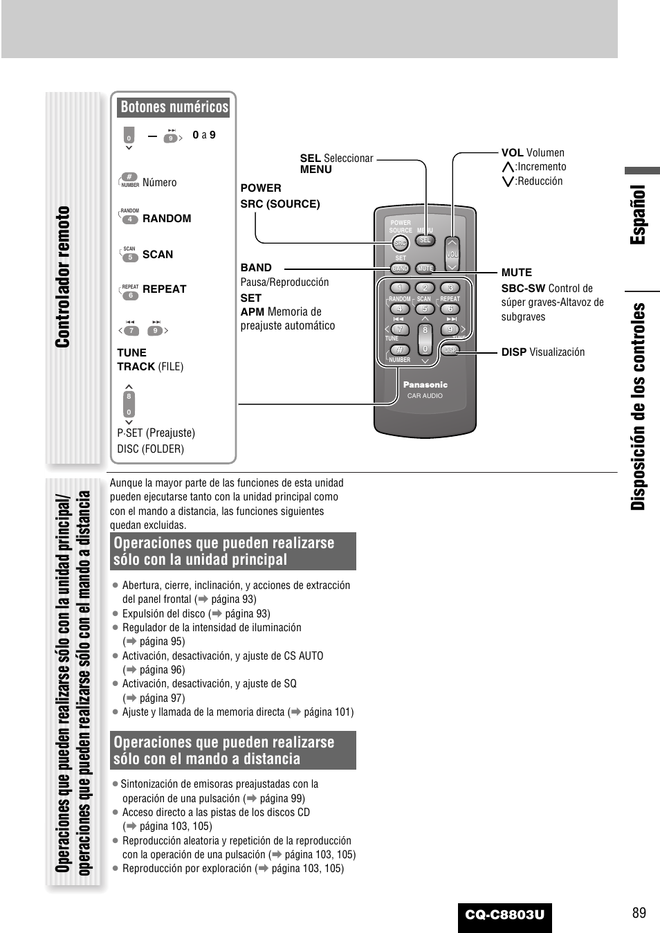 Español, Botones numéricos, Cq-c8803u | Panasonic CQ-C8803U User Manual | Page 89 / 120