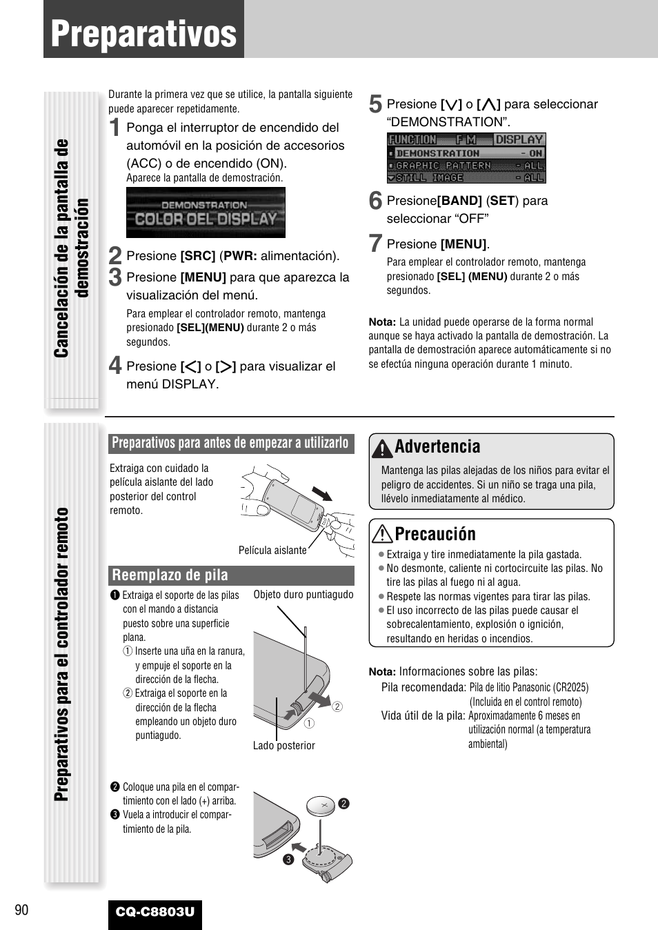 Perparativos (ajuste de la hora, etc.), Preparativos, Advertencia | Precaución | Panasonic CQ-C8803U User Manual | Page 90 / 120