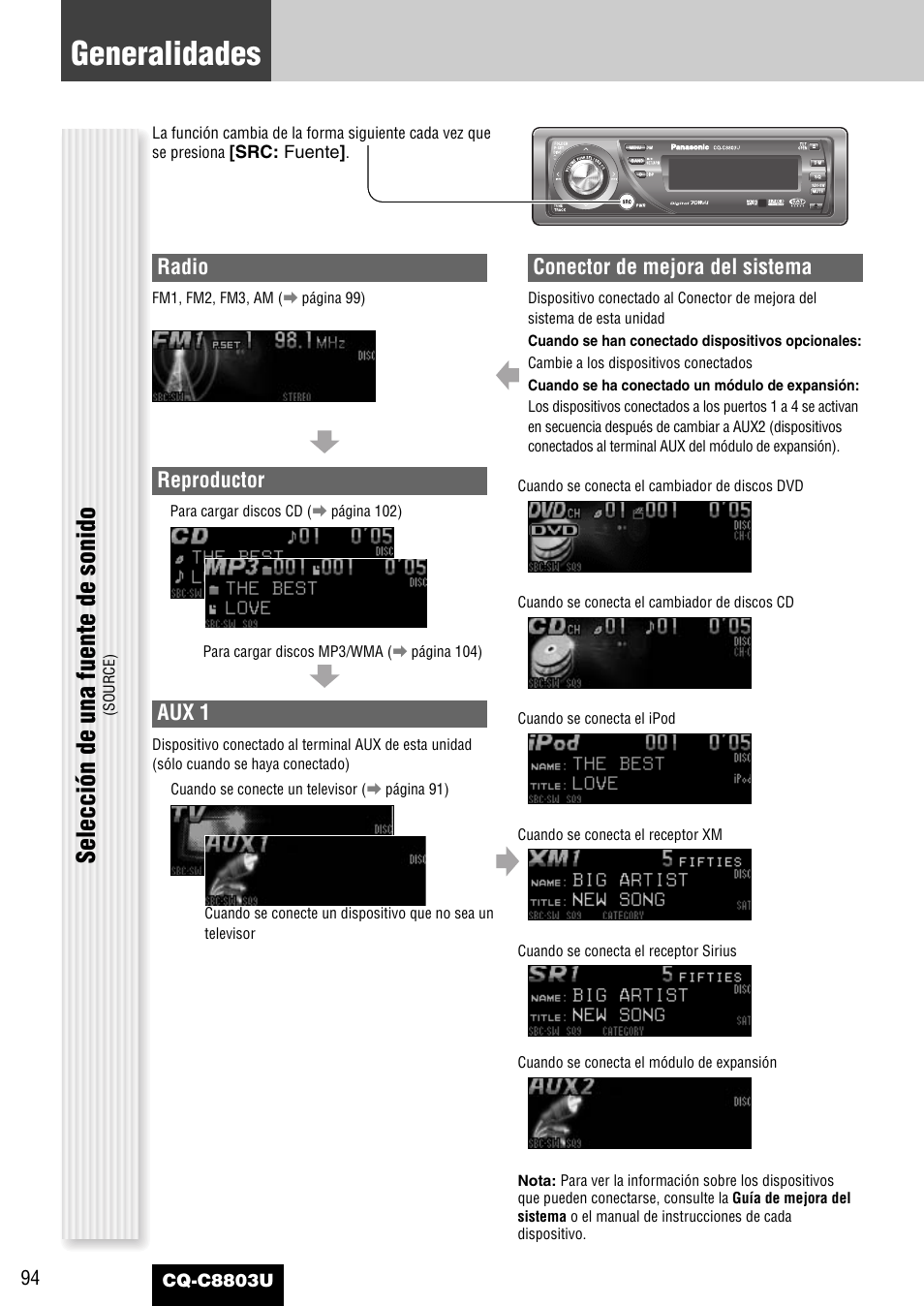 Generalidades, Selección de una fuente de sonido, Radio | Reproductor, Aux 1, Conector de mejora del sistema | Panasonic CQ-C8803U User Manual | Page 94 / 120