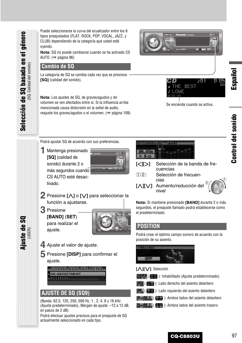 Español, Control del sonido, Selección de sq basada en el género | Ajuste de sq, Cambio de sq, Ajuste de sq (sq9), Position | Panasonic CQ-C8803U User Manual | Page 97 / 120