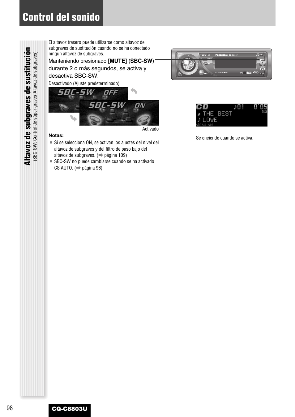Control del sonido, Altavoz de subgraves de sustitución | Panasonic CQ-C8803U User Manual | Page 98 / 120