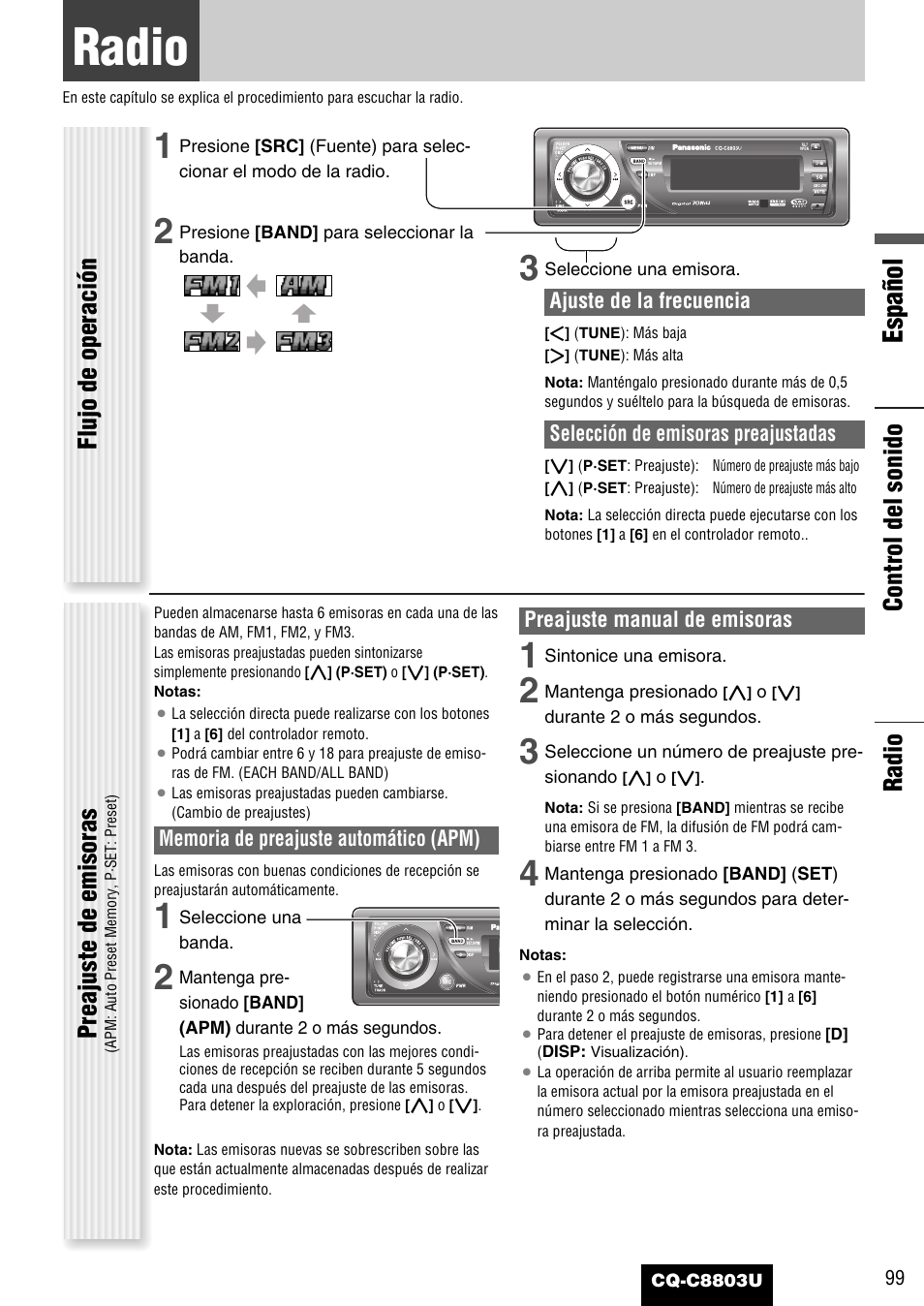 Cada fuente, Radio, Español | Flujo de operación, Preajuste de emisoras, Radio control del sonido | Panasonic CQ-C8803U User Manual | Page 99 / 120
