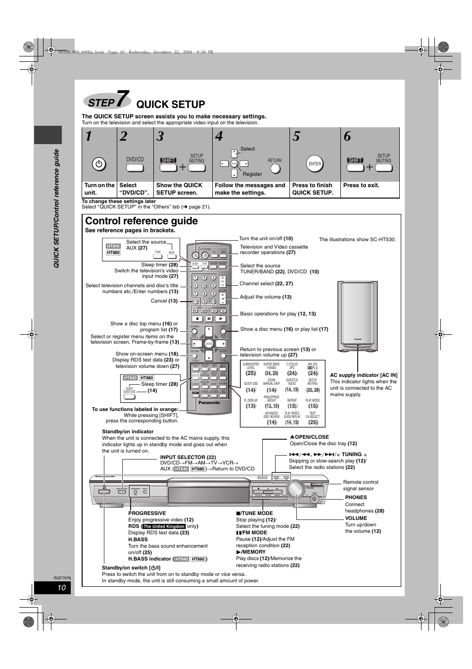 Step, Quick setup, Control reference guide | Tuning, Open close | Panasonic SC-HT840 User Manual | Page 10 / 36