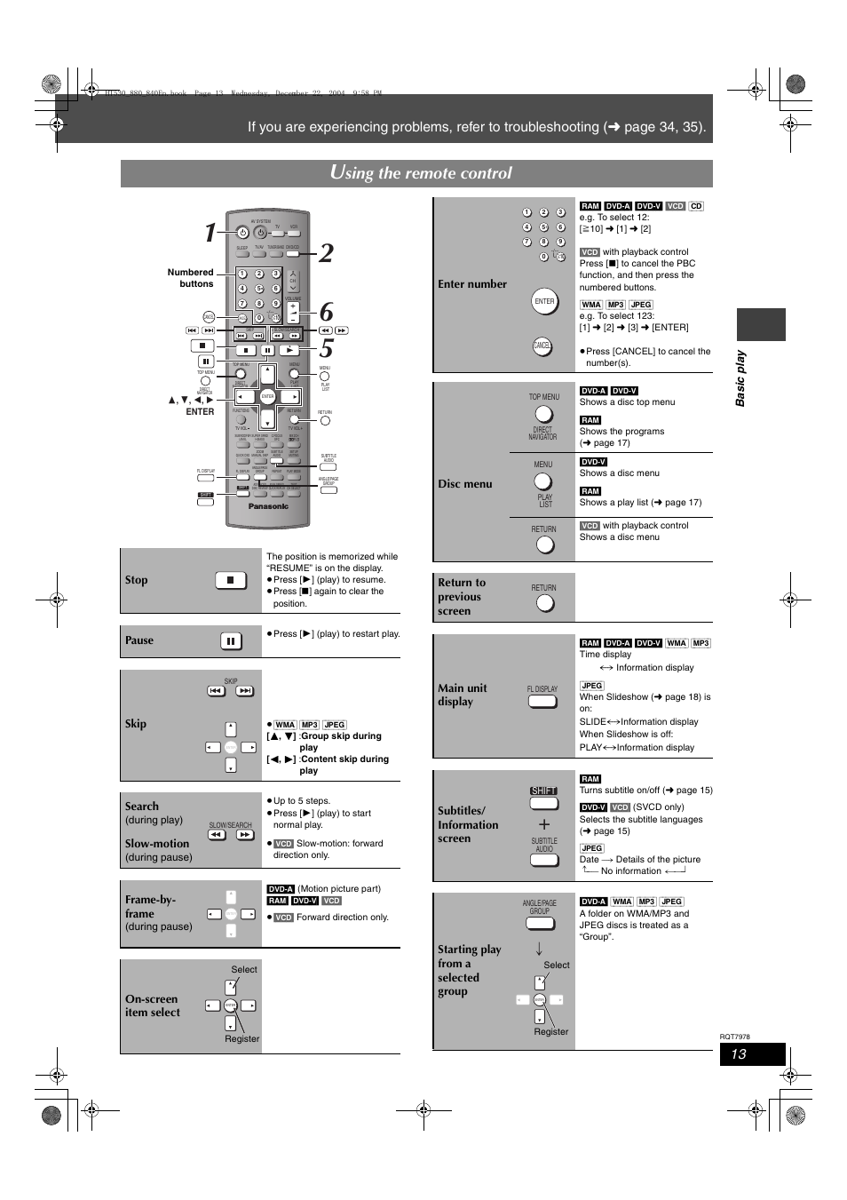 Sing the remote control, Ba sic p la y, Stop | Pause, Skip, Search, Slow-motion, Frame-by- frame, On-screen item select, Enter number | Panasonic SC-HT840 User Manual | Page 13 / 36