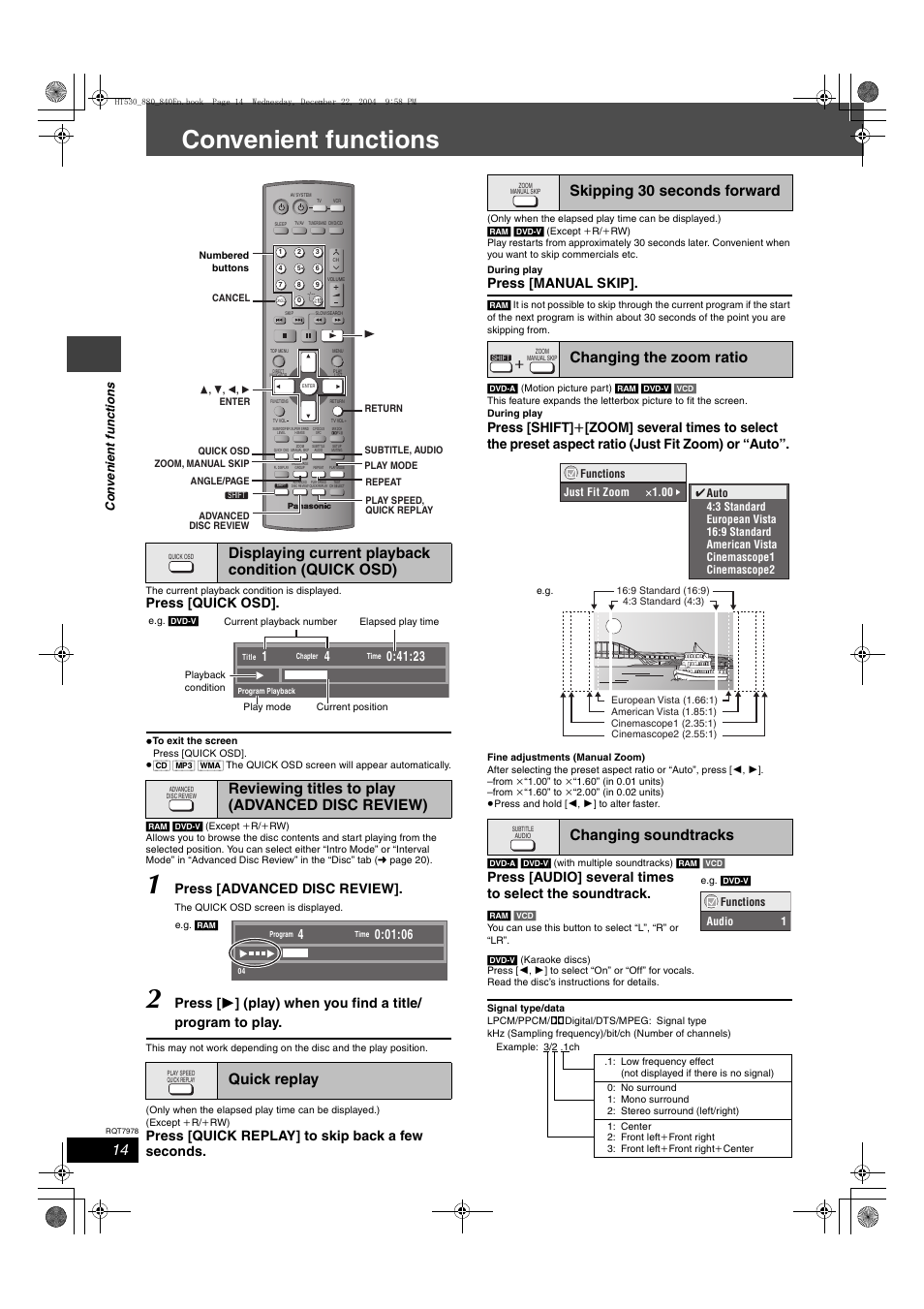 Convenient functions, Press [quick osd, Press [advanced disc review | Press [quick replay] to skip back a few seconds, Press [manual skip | Panasonic SC-HT840 User Manual | Page 14 / 36