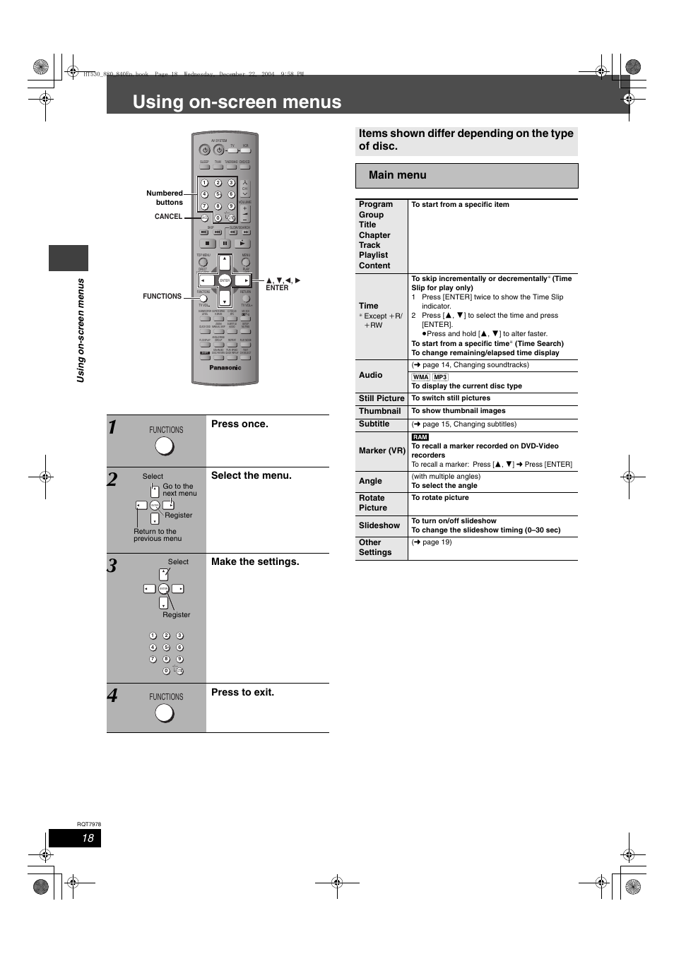 Using on-screen menus, Press once, Select the menu | Make the settings, Press to exit, Us ing on- s c re e n me n u s | Panasonic SC-HT840 User Manual | Page 18 / 36