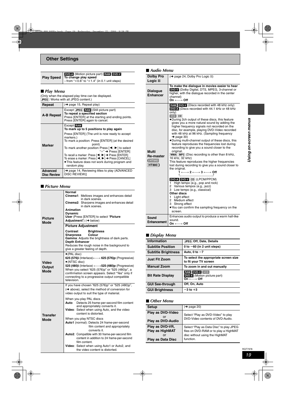 Other settings | Panasonic SC-HT840 User Manual | Page 19 / 36