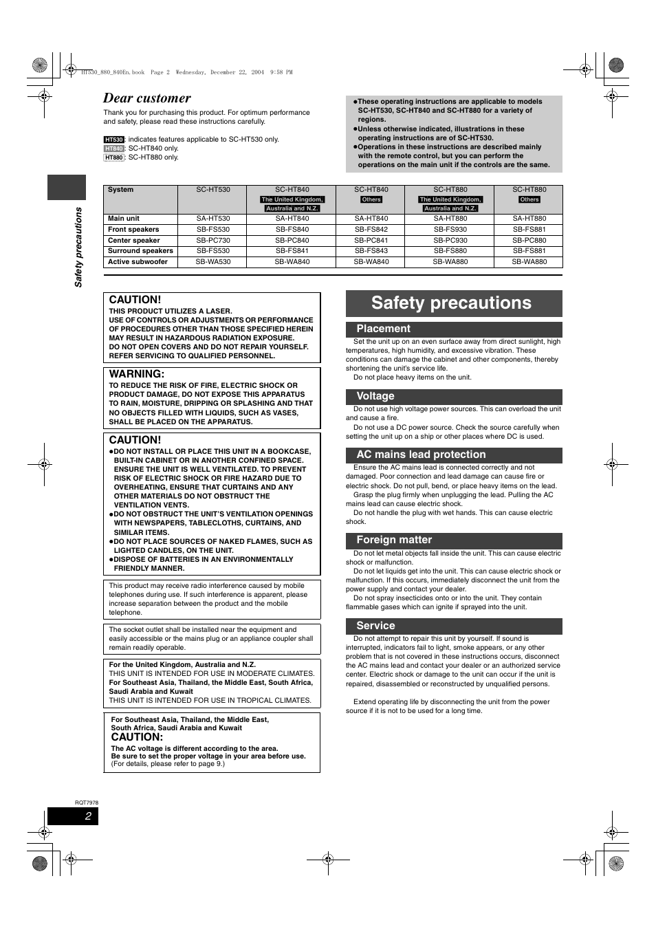Safety precautions, Dear customer, Caution | Warning | Panasonic SC-HT840 User Manual | Page 2 / 36