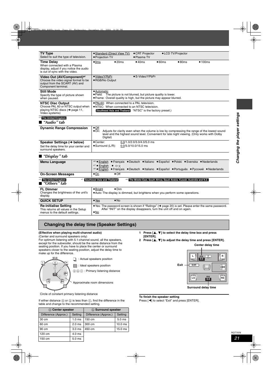 Changing the delay time (speaker settings), Audio ” tab ∫ “ display ” tab, Others ” tab | Panasonic SC-HT840 User Manual | Page 21 / 36