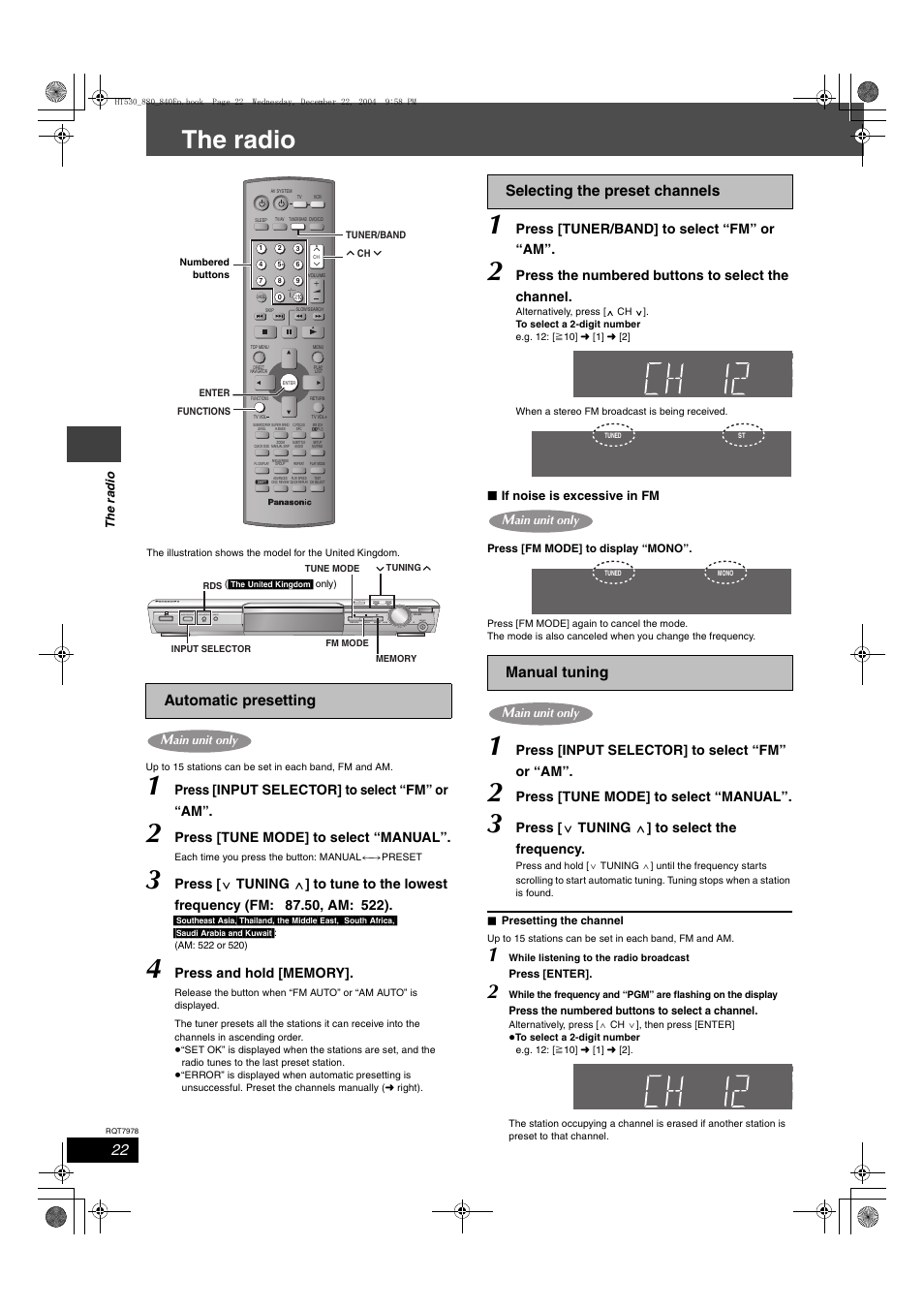 The radio, Automatic presetting, Selecting the preset channels manual tuning | Press [input selector] to select “fm” or “am, Press [tune mode] to select “manual, Press [tuner/band] to select “fm” or “am, Press the numbered buttons to select the channel, Press [ x tuning w ] to select the frequency, Open close, The r a dio | Panasonic SC-HT840 User Manual | Page 22 / 36
