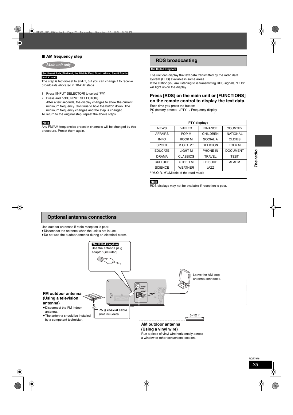 Rds broadcasting, Optional antenna connections, The r a dio ∫ am frequency step | Am outdoor antenna (using a vinyl wire), Fm outdoor antenna (using a television antenna), Ain unit only | Panasonic SC-HT840 User Manual | Page 23 / 36