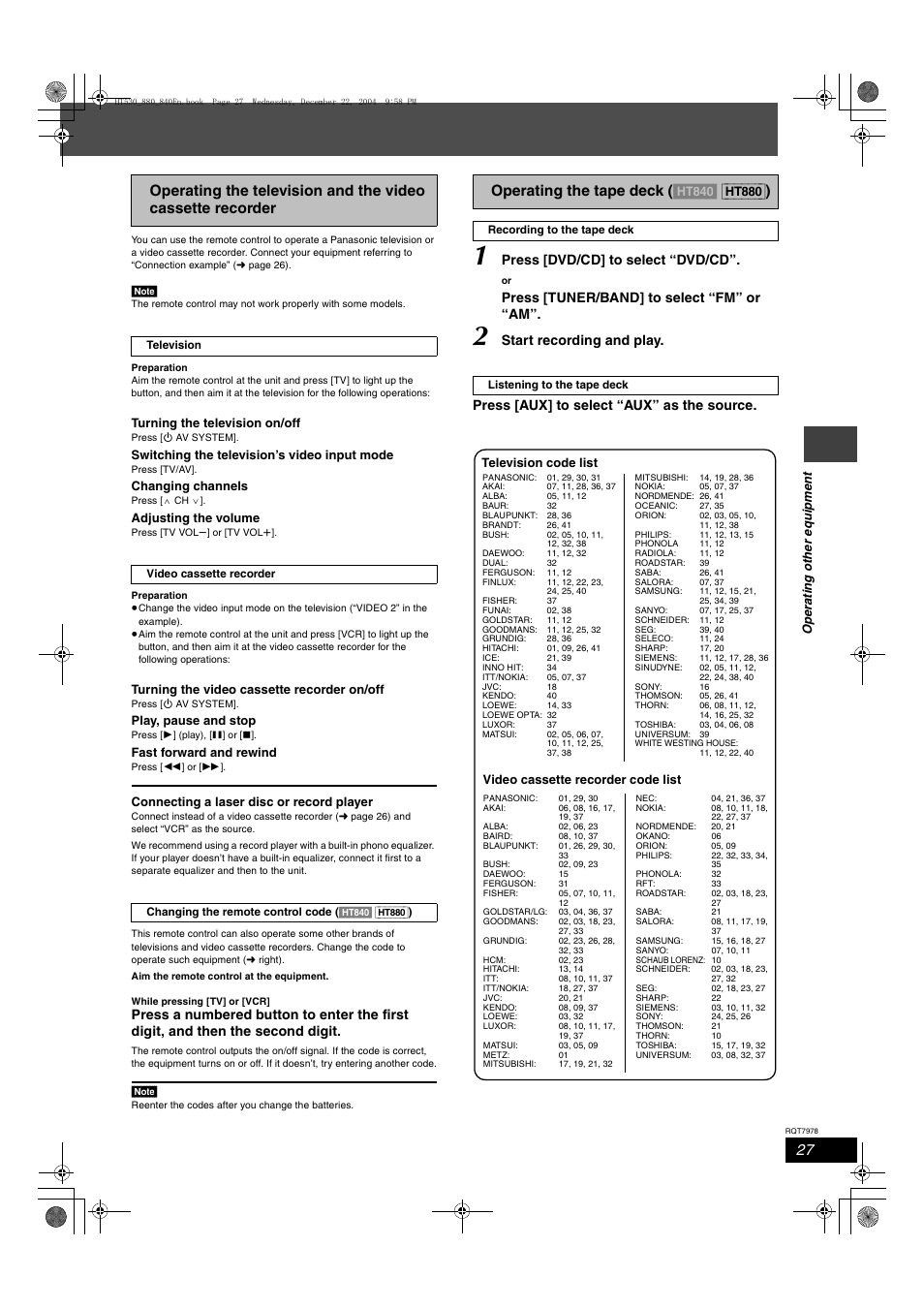 Press [dvd/cd] to select “dvd/cd, Press [tuner/band] to select “fm” or “am | Panasonic SC-HT840 User Manual | Page 27 / 36
