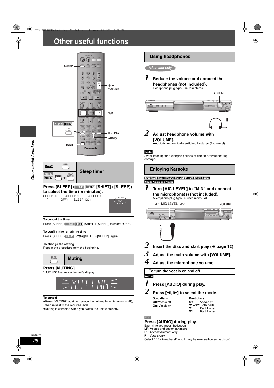 Other useful functions, Sleep timer muting, Using headphones enjoying karaoke | Press [sleep, Shift] i [sleep]) to select the time (in minutes), Press [muting, Adjust headphone volume with [volume, Insert the disc and start play ( ➜ page 12), Adjust the main volume with [volume, Adjust the microphone volume | Panasonic SC-HT840 User Manual | Page 28 / 36