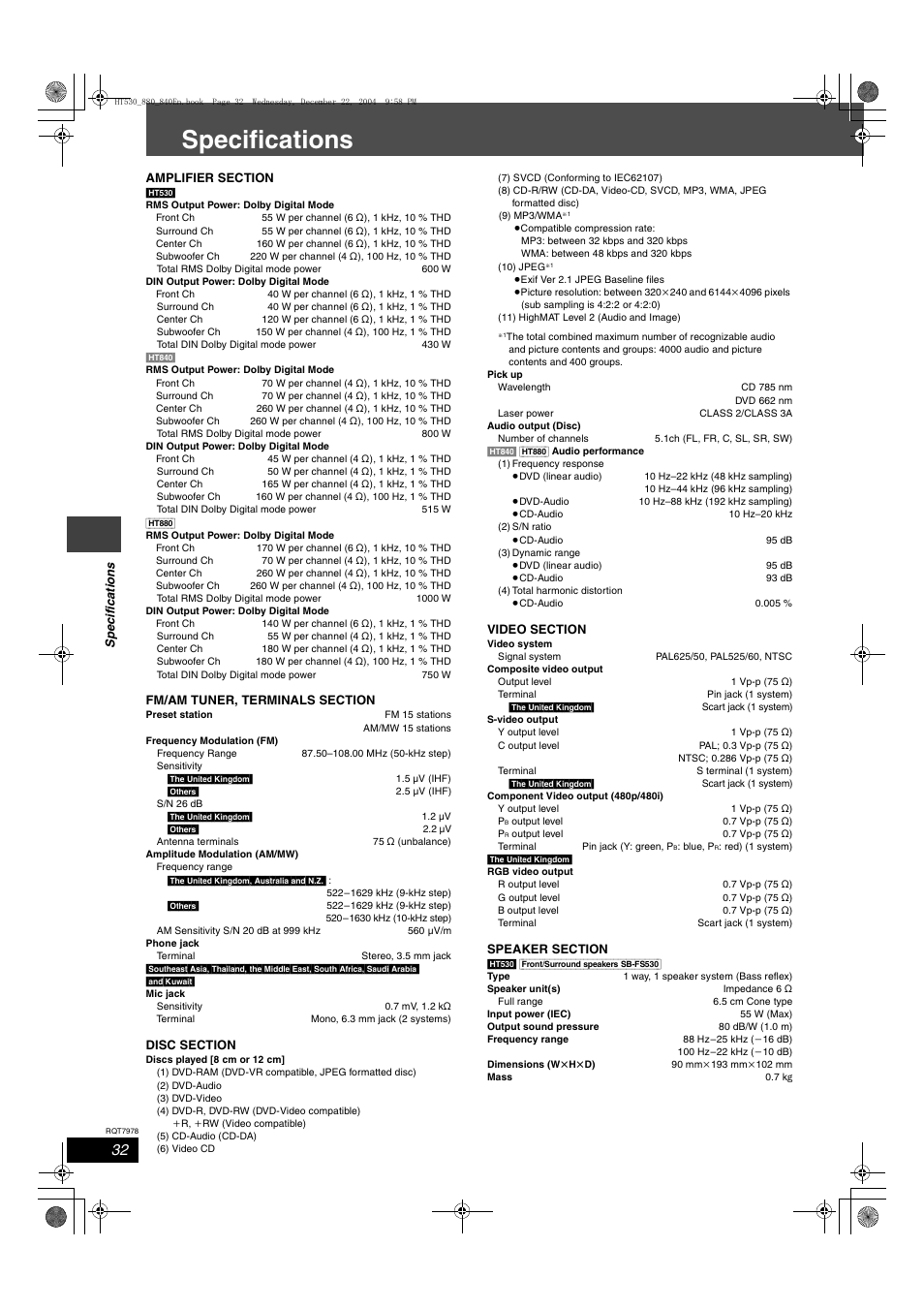Specifications | Panasonic SC-HT840 User Manual | Page 32 / 36