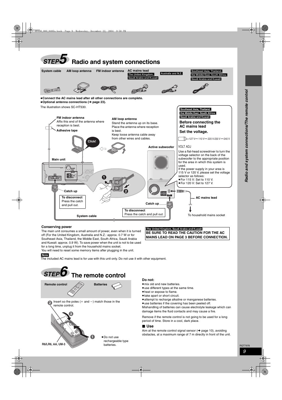 Step, Radio and system connections, The remote control | Panasonic SC-HT840 User Manual | Page 9 / 36
