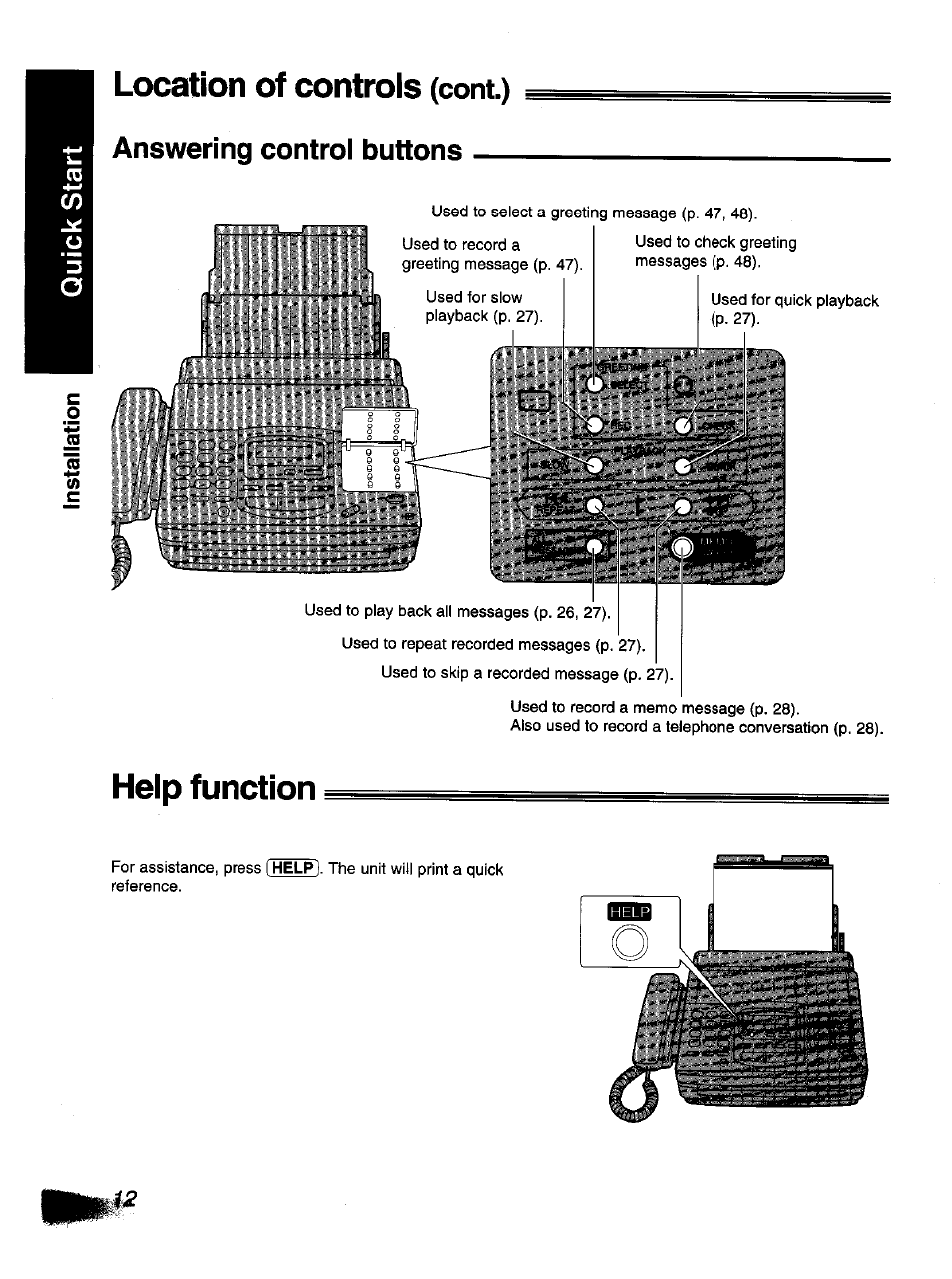 Answering control buttons, Location of controls, Help function | Cont.) answering control buttons | Panasonic KX-F1110NZ User Manual | Page 10 / 110