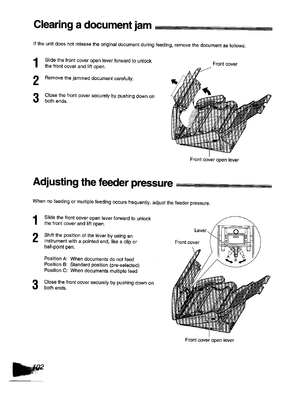 Clearing a document jam, Adjusting the feeder pressure | Panasonic KX-F1110NZ User Manual | Page 100 / 110