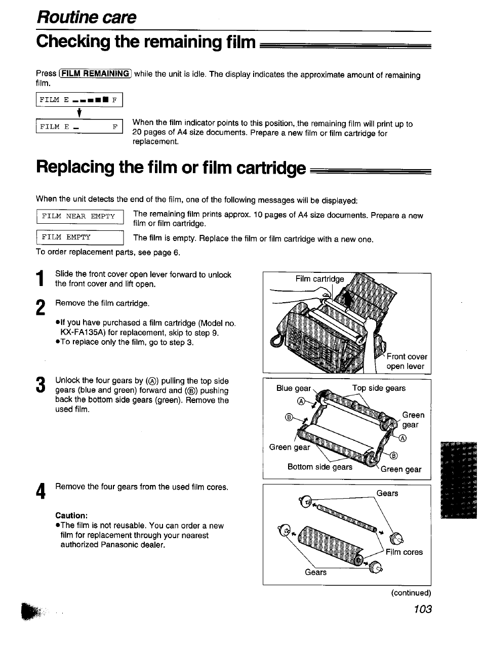 Caution, Routine care checking the remaining film, Replacing the film or film cartridge | Panasonic KX-F1110NZ User Manual | Page 101 / 110