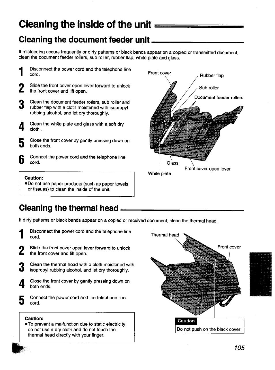Cleaning the document feeder unit, Cleaning the thermal head, Cleaning the inside of the unit | Panasonic KX-F1110NZ User Manual | Page 103 / 110