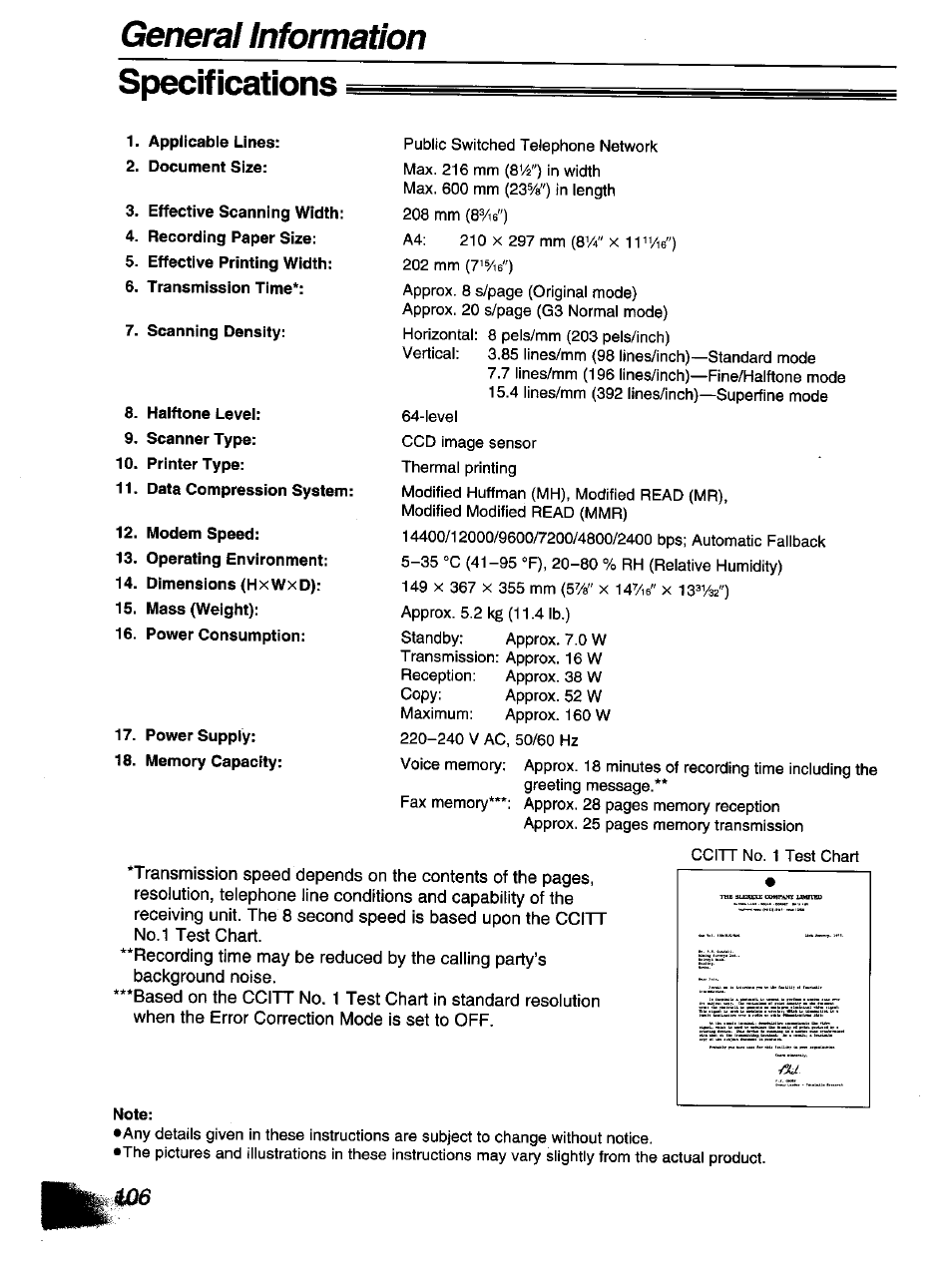 Note, General information specifications | Panasonic KX-F1110NZ User Manual | Page 104 / 110