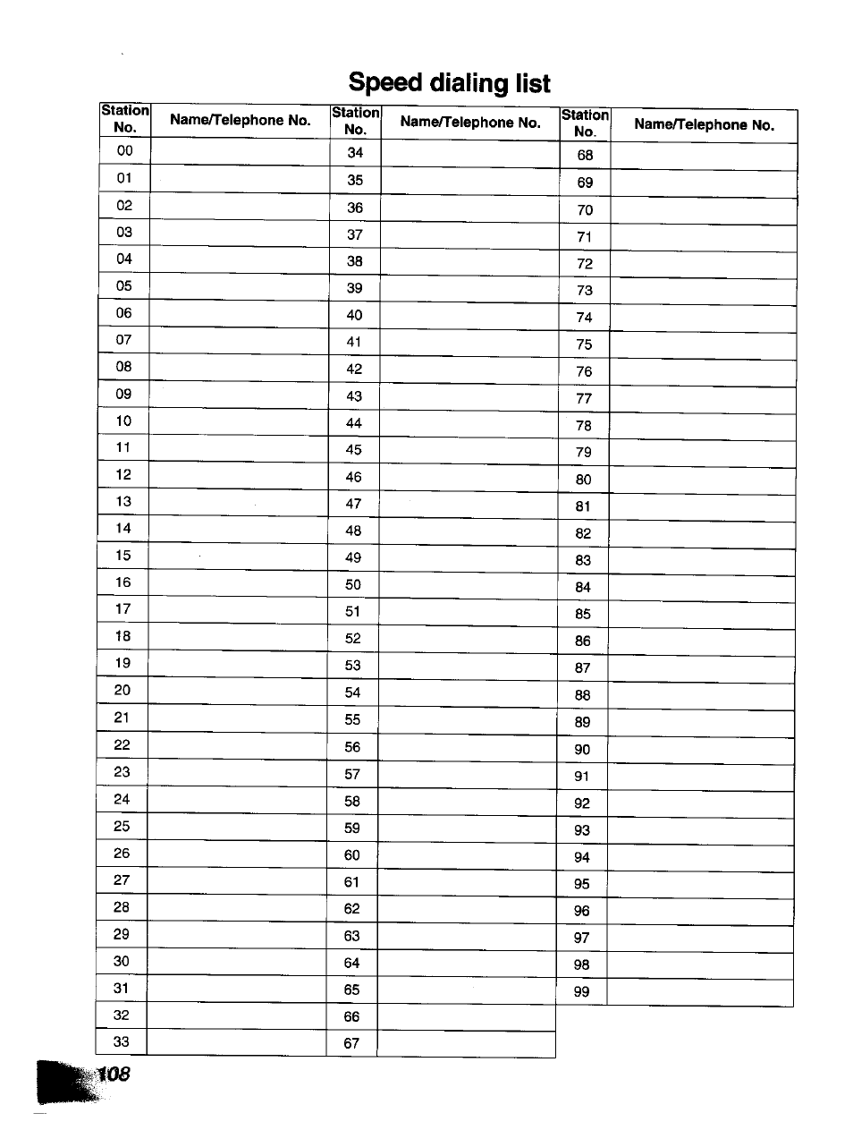 Speed dialing list | Panasonic KX-F1110NZ User Manual | Page 106 / 110