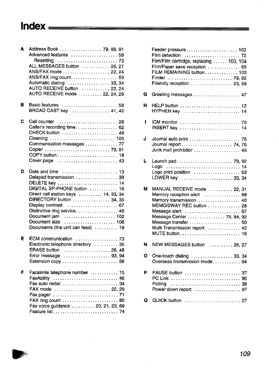 Index | Panasonic KX-F1110NZ User Manual | Page 107 / 110
