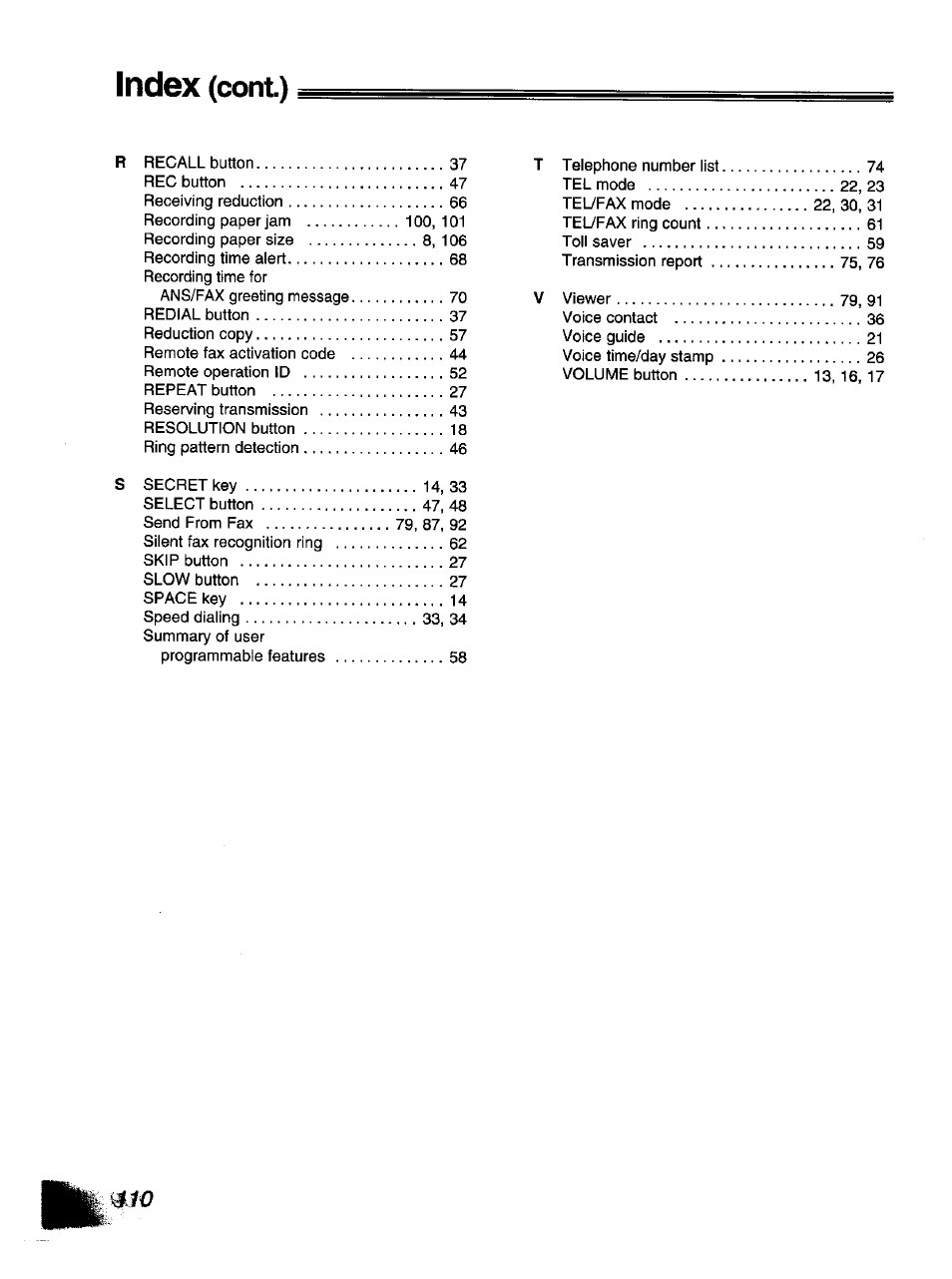 Index (cont), Index, Cont) | Panasonic KX-F1110NZ User Manual | Page 108 / 110