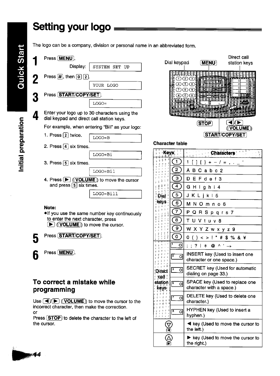 To correct a mistake while programming, Setting your logo, Cd cd | Panasonic KX-F1110NZ User Manual | Page 12 / 110