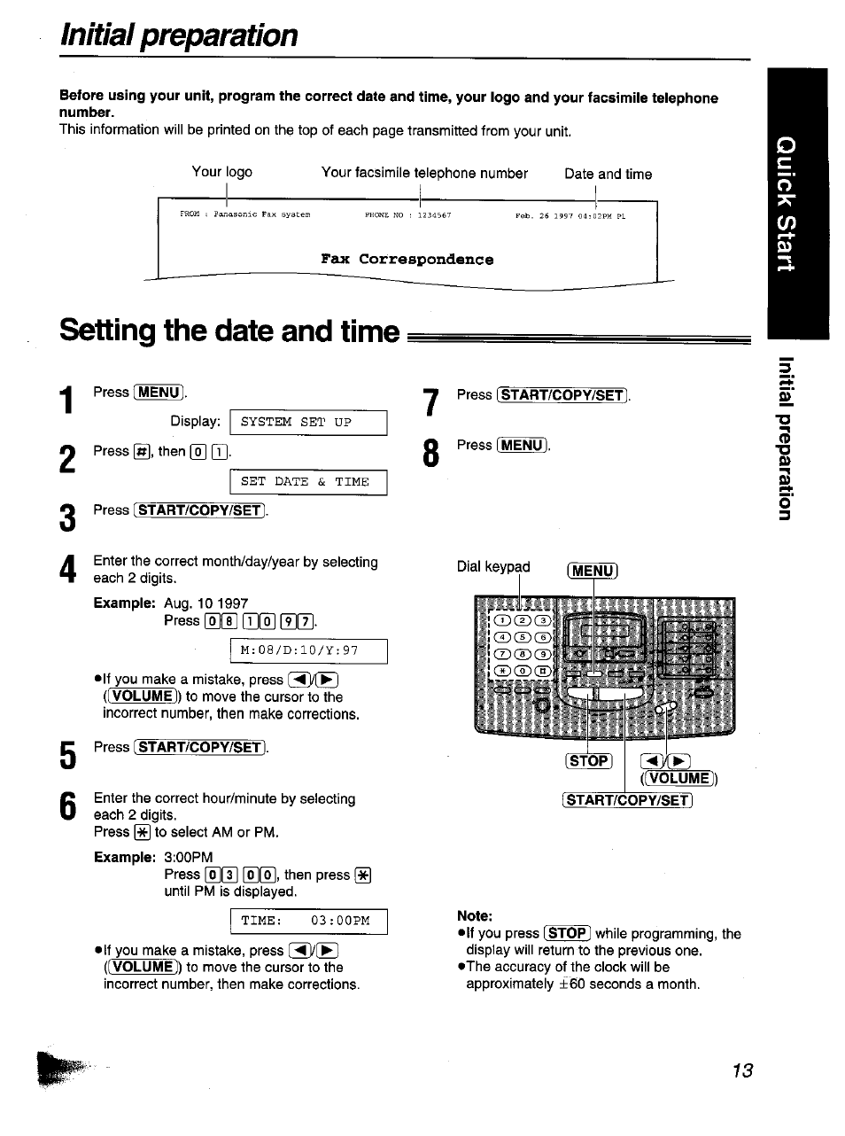 Fax correspondence, Press menu, Press [start/copy/setl | Press [oo] [hi, Press [start/copy/set, Example: 3:00pm, Y press (start/copy/set, Note, Initial preparation, Setting the date and time | Panasonic KX-F1110NZ User Manual | Page 13 / 110