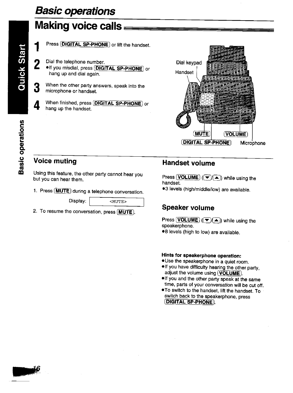 Voice muting, Handset voiume, Speaker volume | Basic operations, Making voice calls | Panasonic KX-F1110NZ User Manual | Page 14 / 110