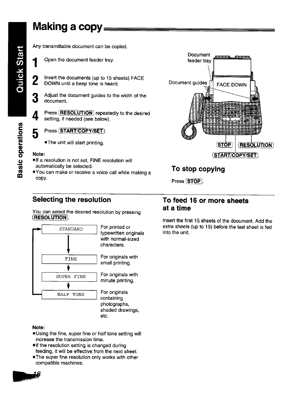 Selecting the resolution, To feed 16 or more sheets at a time, Making a copy | Panasonic KX-F1110NZ User Manual | Page 16 / 110