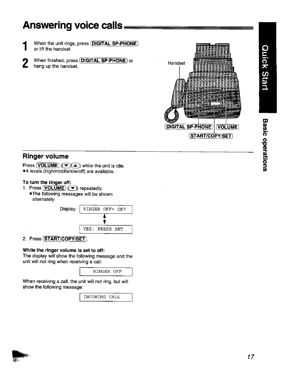 Ringer volume, Answering voice caiis | Panasonic KX-F1110NZ User Manual | Page 17 / 110