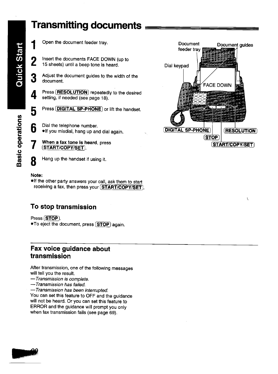 To stop transmission, Fax voice guidance about transmission, Or transmission) | Transmitting documents | Panasonic KX-F1110NZ User Manual | Page 18 / 110