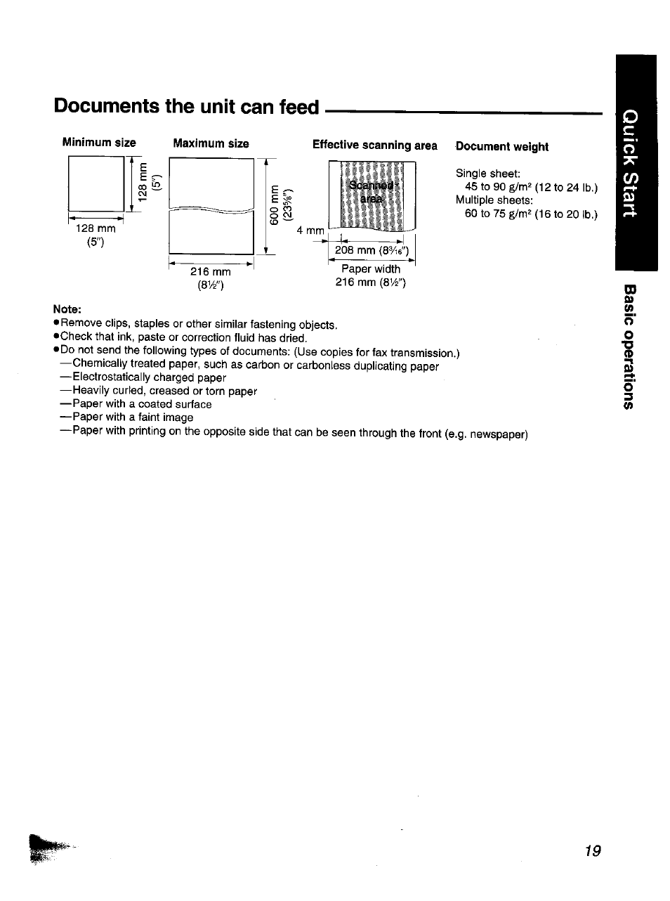 Documents the unit can feed, Effective scanning area document weight, Note | Panasonic KX-F1110NZ User Manual | Page 19 / 110