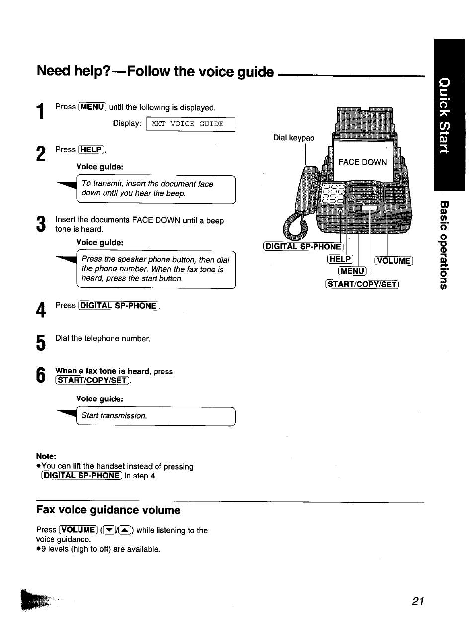 Need help?—follow the voice guide, Start/copy/set, Press [digital sp-phonel | Fax voice guidance voiume | Panasonic KX-F1110NZ User Manual | Page 21 / 110