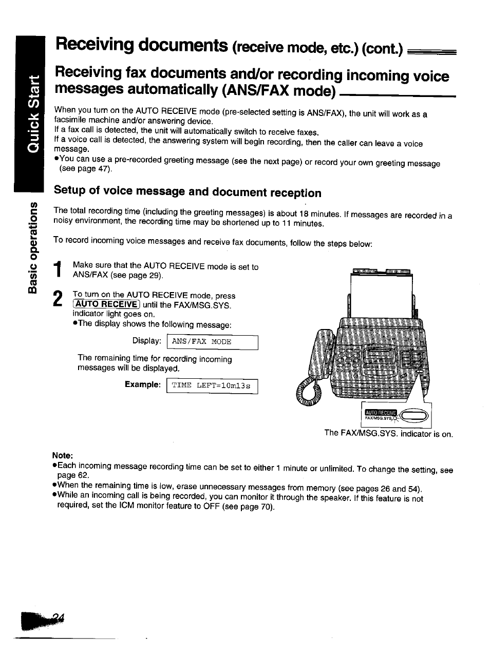 Receiving documents (receive mode, etc.) (cont.), Setup of voice message and document reception, Receiving documents {receive mode, etc.) | Receiving documents | Panasonic KX-F1110NZ User Manual | Page 22 / 110