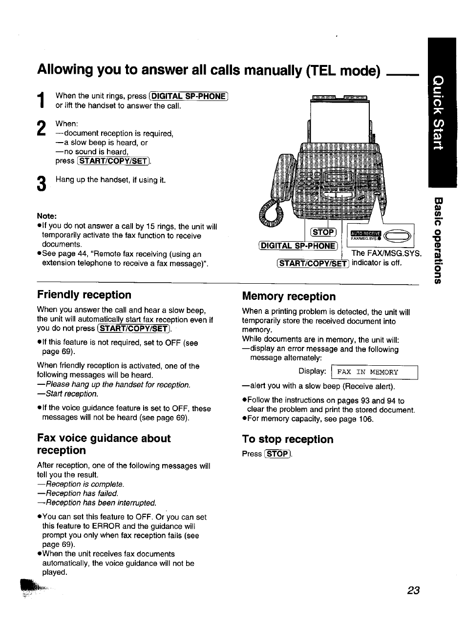 Fax voice guidance about reception, To stop reception, Friendly reception | Panasonic KX-F1110NZ User Manual | Page 23 / 110