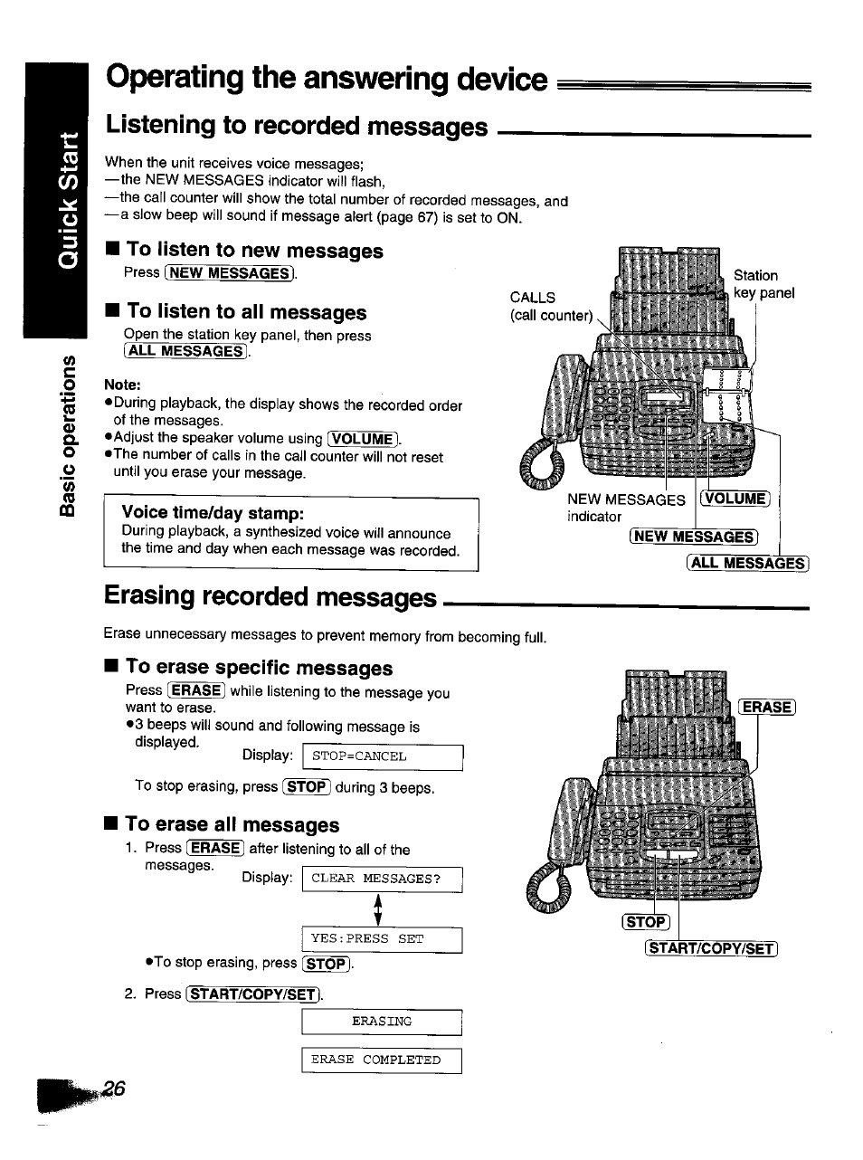 Listening to recorded messages, To listen to new messages, To listen to all messages | Voice time/day stamp, Erasing recorded messages, To erase specific messages, To erase all messages, Operating the answering device, A. o | Panasonic KX-F1110NZ User Manual | Page 24 / 110