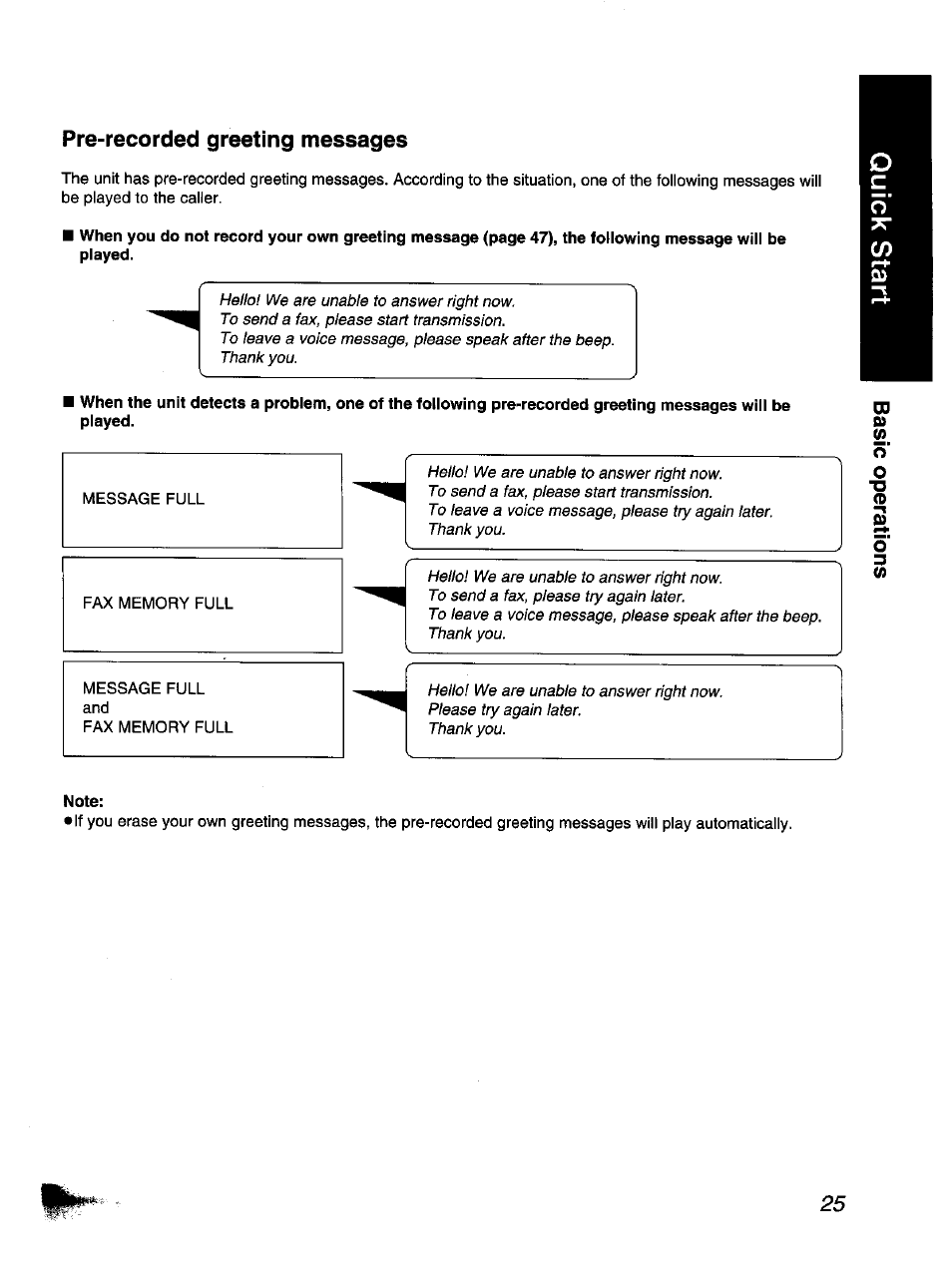Note, Pre-recorded greeting messages | Panasonic KX-F1110NZ User Manual | Page 25 / 110