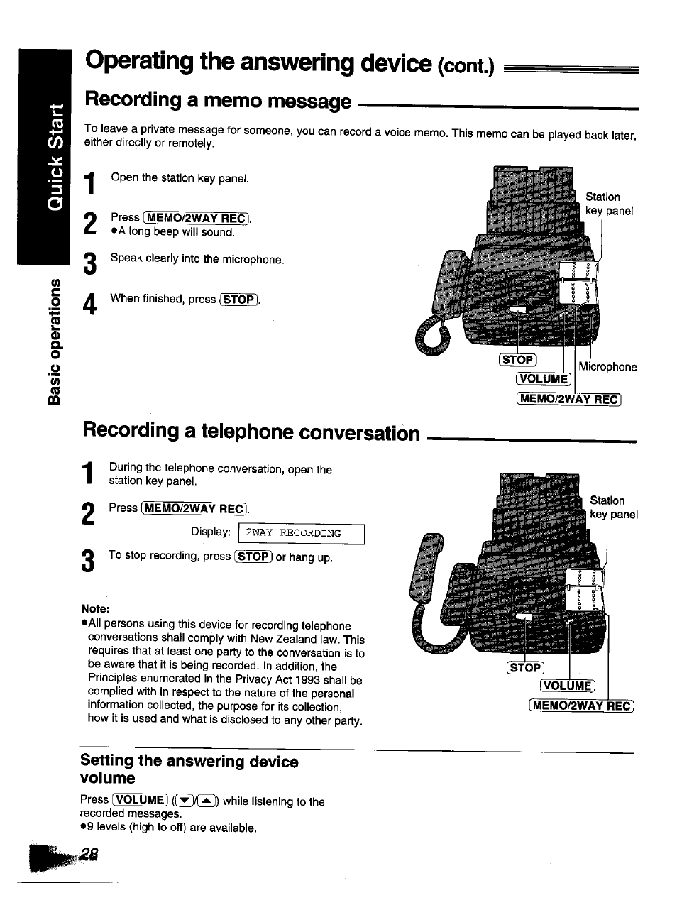 Memo/2way rec), Recording a telephone conversation, Setting the answering device voiume | Operating the answering device | Panasonic KX-F1110NZ User Manual | Page 26 / 110