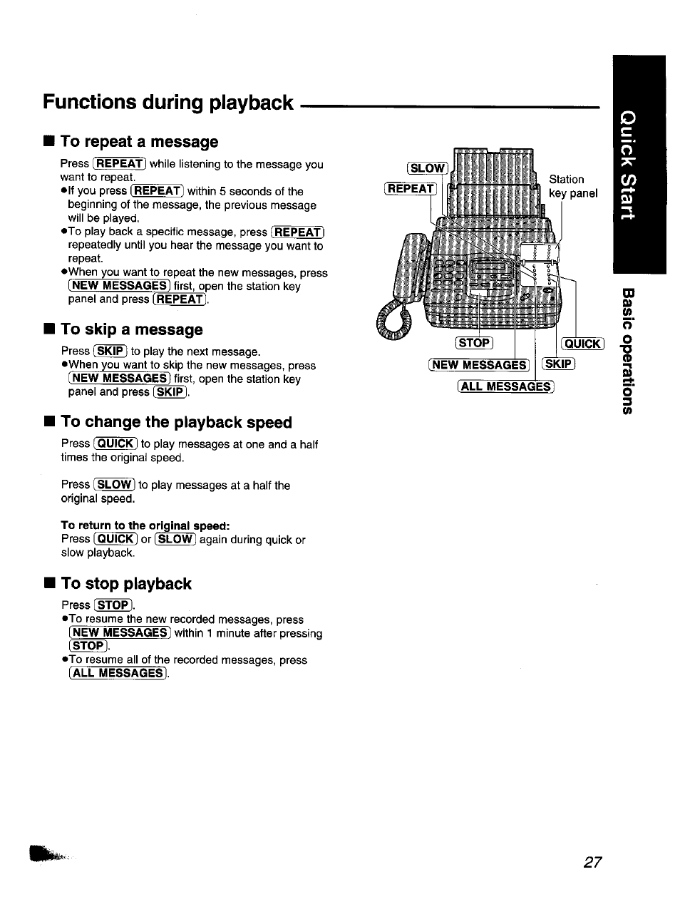 Functions during piayback, To repeat a message, To skip a message | To change the playback speed, To stop playback | Panasonic KX-F1110NZ User Manual | Page 27 / 110