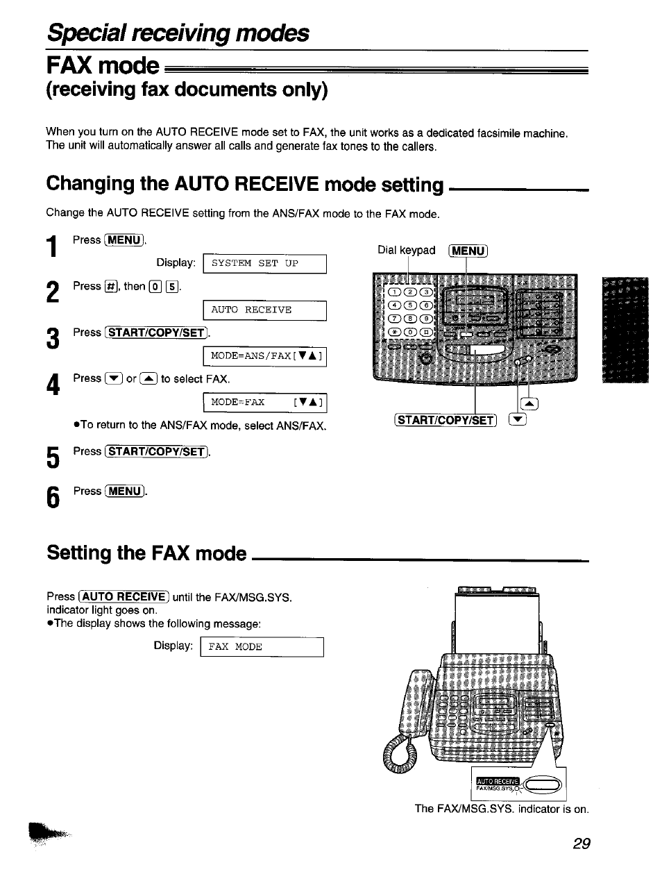 Receiving fax documents only), Changing the auto receive mode setting, Setting the fax mode | Fax mode (receiving fax documents only), Special receiving modes fax mode | Panasonic KX-F1110NZ User Manual | Page 29 / 110