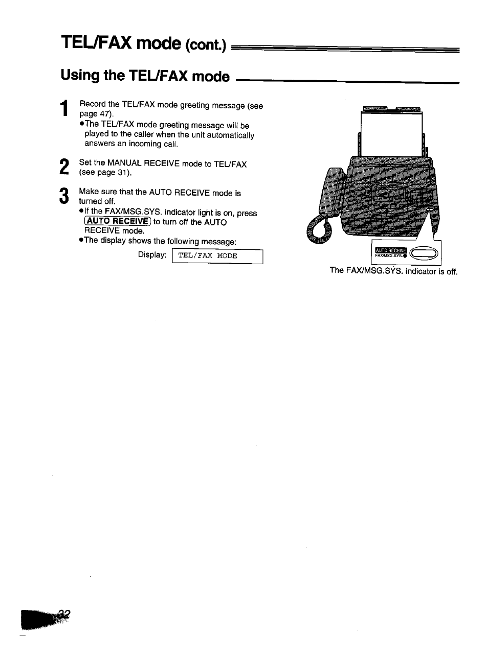 Using the teufax mode, Tel/fax, Cont.) | Mode | Panasonic KX-F1110NZ User Manual | Page 30 / 110