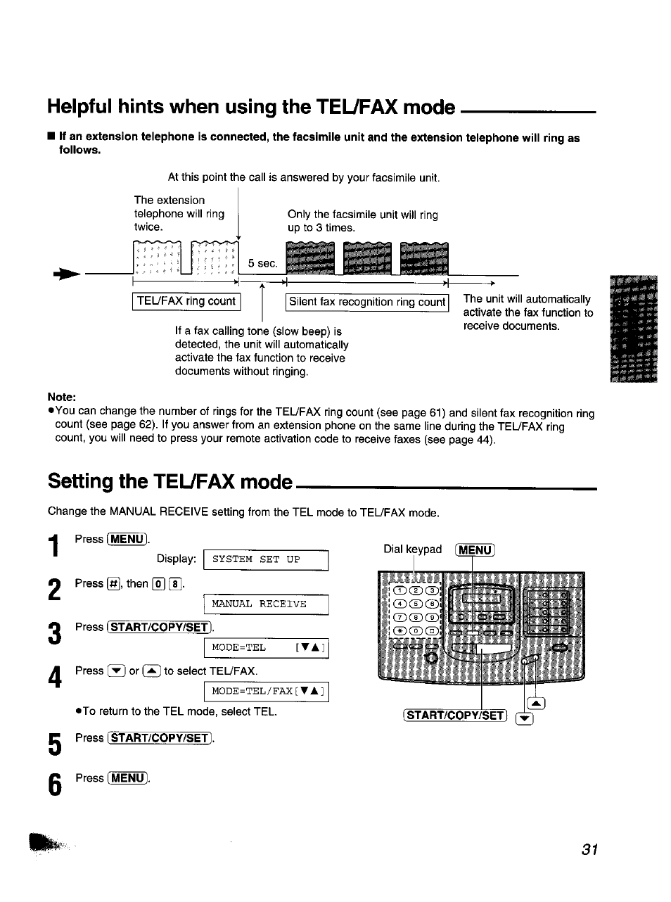 Helpful hints when using the tel/fax mode, Note, Setting the tel/fax mode | Panasonic KX-F1110NZ User Manual | Page 31 / 110