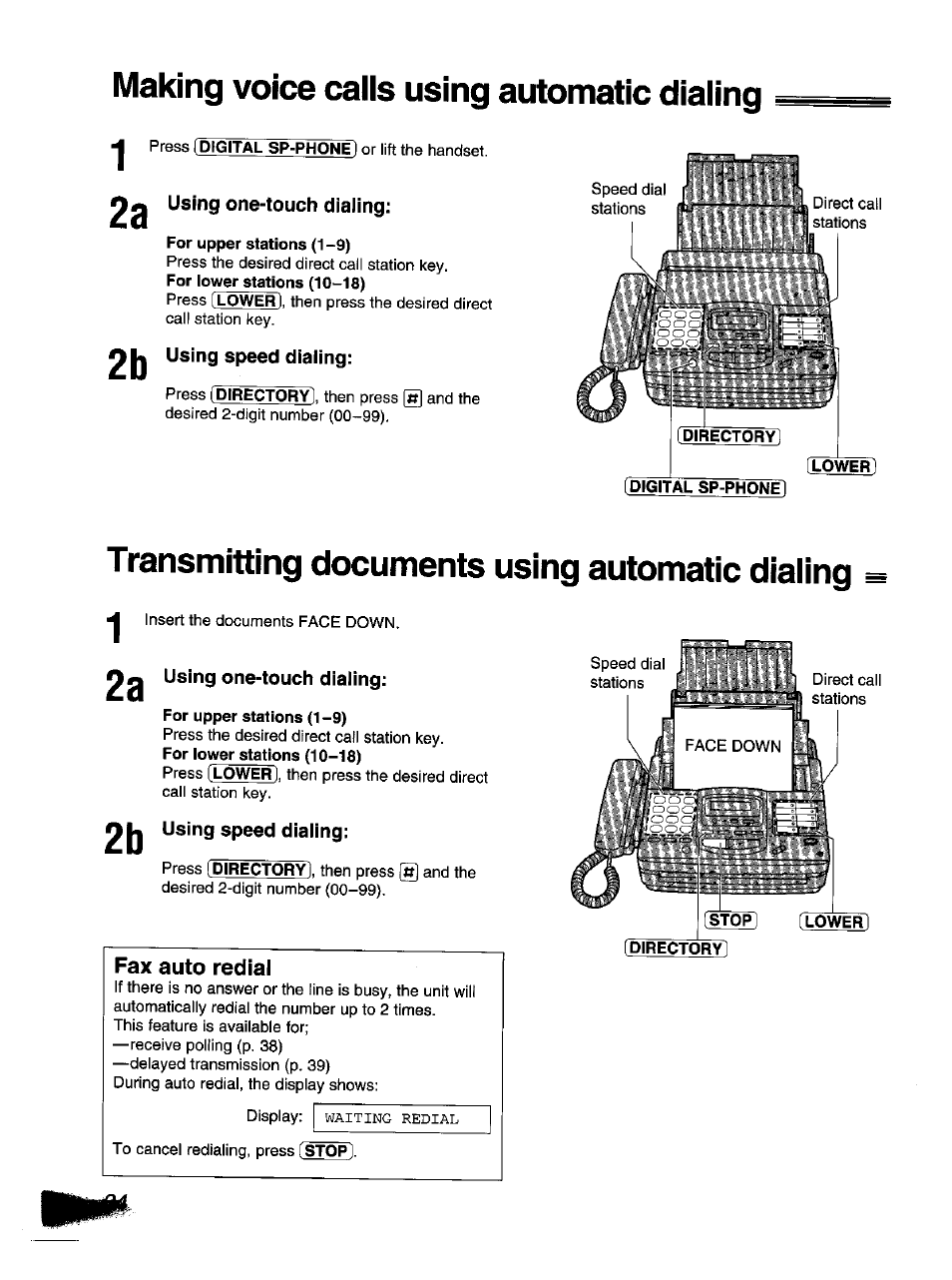 Fax auto redial, Making voice calls using automatic dialing, Transmitting documents using automatic dialing | Panasonic KX-F1110NZ User Manual | Page 32 / 110