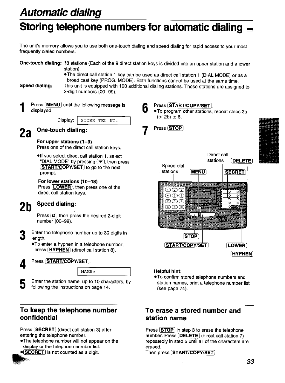 One-touch dialing, For upper stations (1 -9), Press istart/copy/set) | Menu, Start/copy/set, Helpful hint, To keep the telephone number confidential, To erase a stored number and station name | Panasonic KX-F1110NZ User Manual | Page 33 / 110