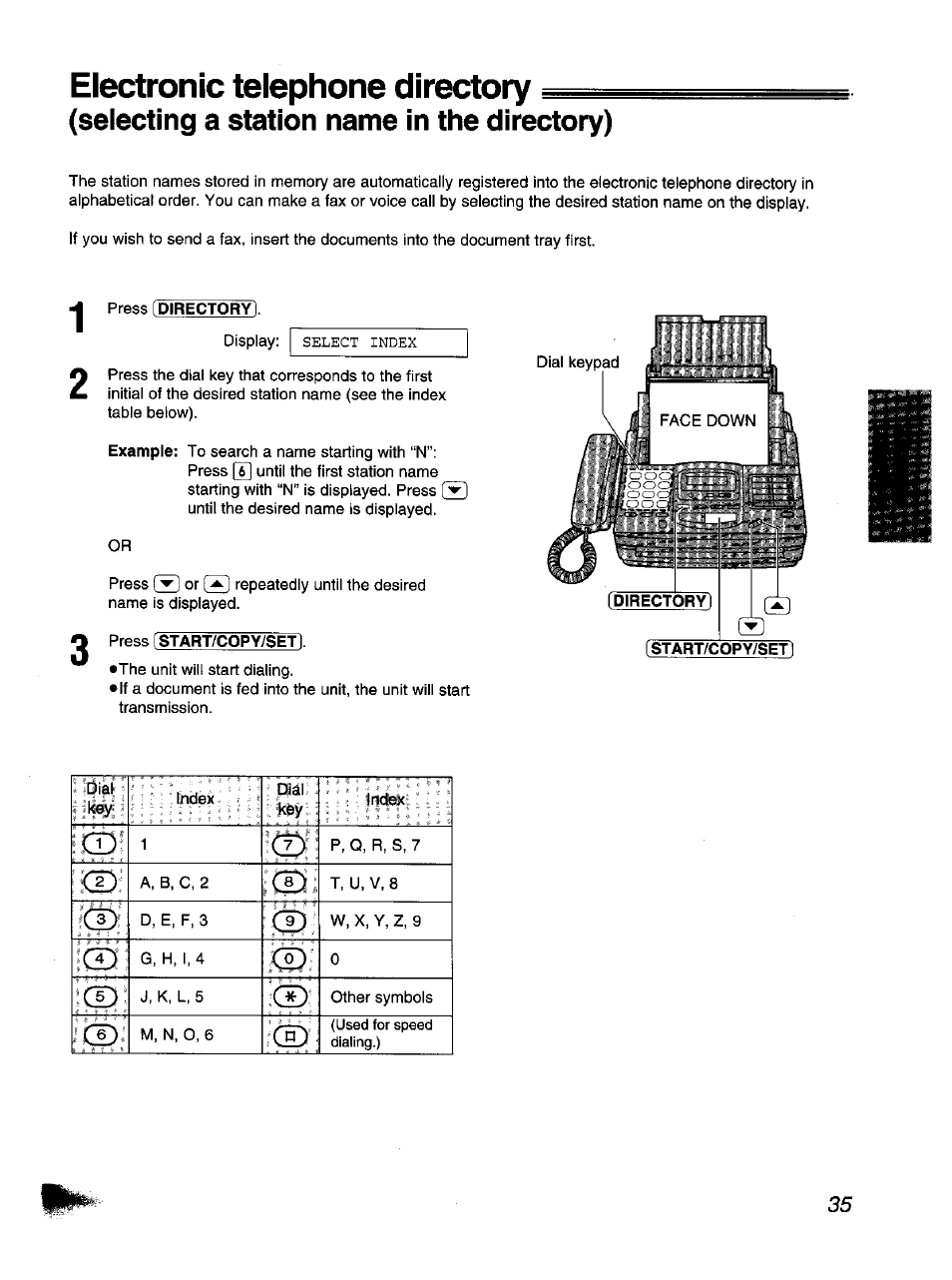 Selecting a station name in the directory), Electronic telephone directoiy | Panasonic KX-F1110NZ User Manual | Page 35 / 110