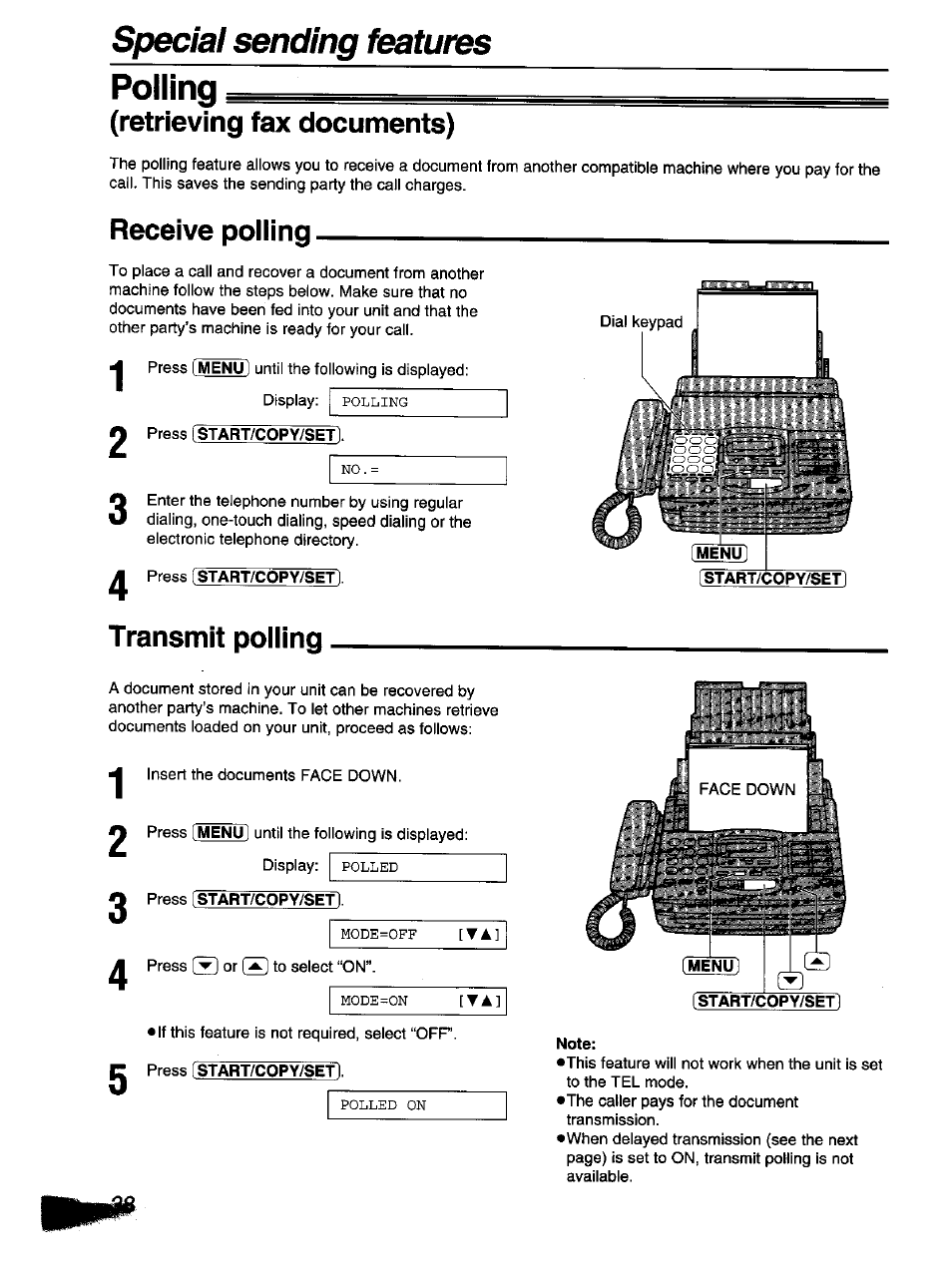 Retrieving fax documents), Receive poiiing, Press [start/copy/setl | Transmit poiiing, Polling (retrieving fax documents), Special sending features polling | Panasonic KX-F1110NZ User Manual | Page 36 / 110