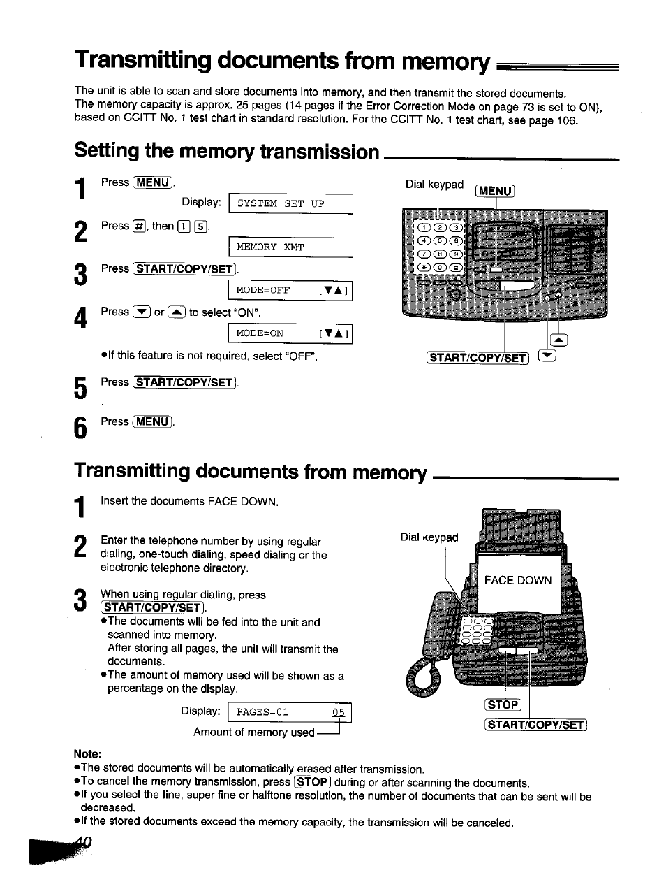Setting the memory transmission 1 2, Press istart/copy/set, Transmitting documents from memory | Note | Panasonic KX-F1110NZ User Manual | Page 38 / 110