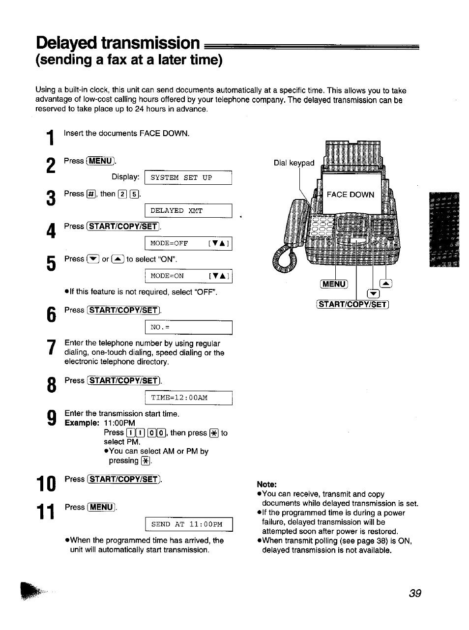 Sending a fax at a later time), Press start/copy/set, Press [start/copy/set | Note, Delayed transmission | Panasonic KX-F1110NZ User Manual | Page 39 / 110